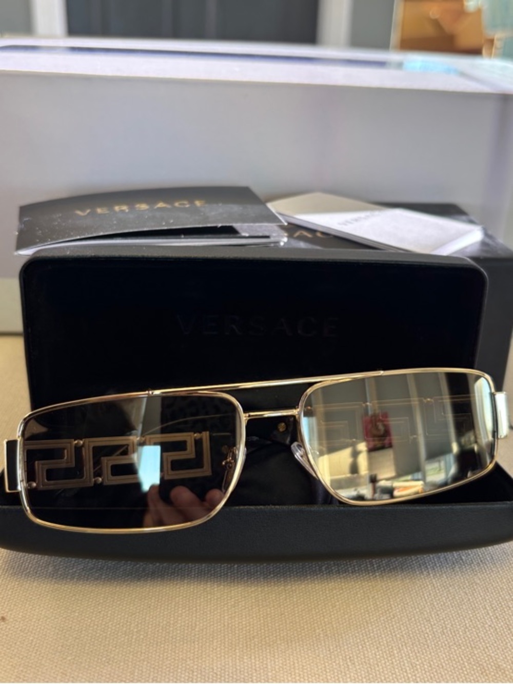 Versace gold and brown rectangular sunglasses with authenticity paper